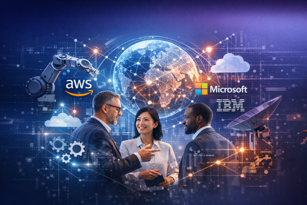 Business professionals collaborating in a digital environment with AI, cloud computing, and global network visualization representing strategic technology partnerships.