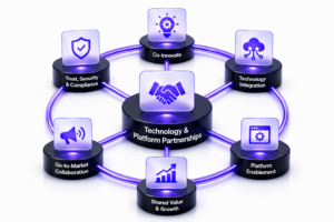 Technology and Platform Partnerships diagram with central hub and six connected nodes including Co-Innovate, Technology Integration, Platform Enablement, Shared Value & Growth, Go-to-Market Collaboration, and Trust, Security & Compliance.