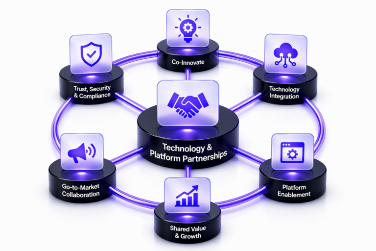 Technology and Platform Partnerships diagram with central hub and six connected nodes including Co-Innovate, Technology Integration, Platform Enablement, Shared Value & Growth, Go-to-Market Collaboration, and Trust, Security & Compliance.
