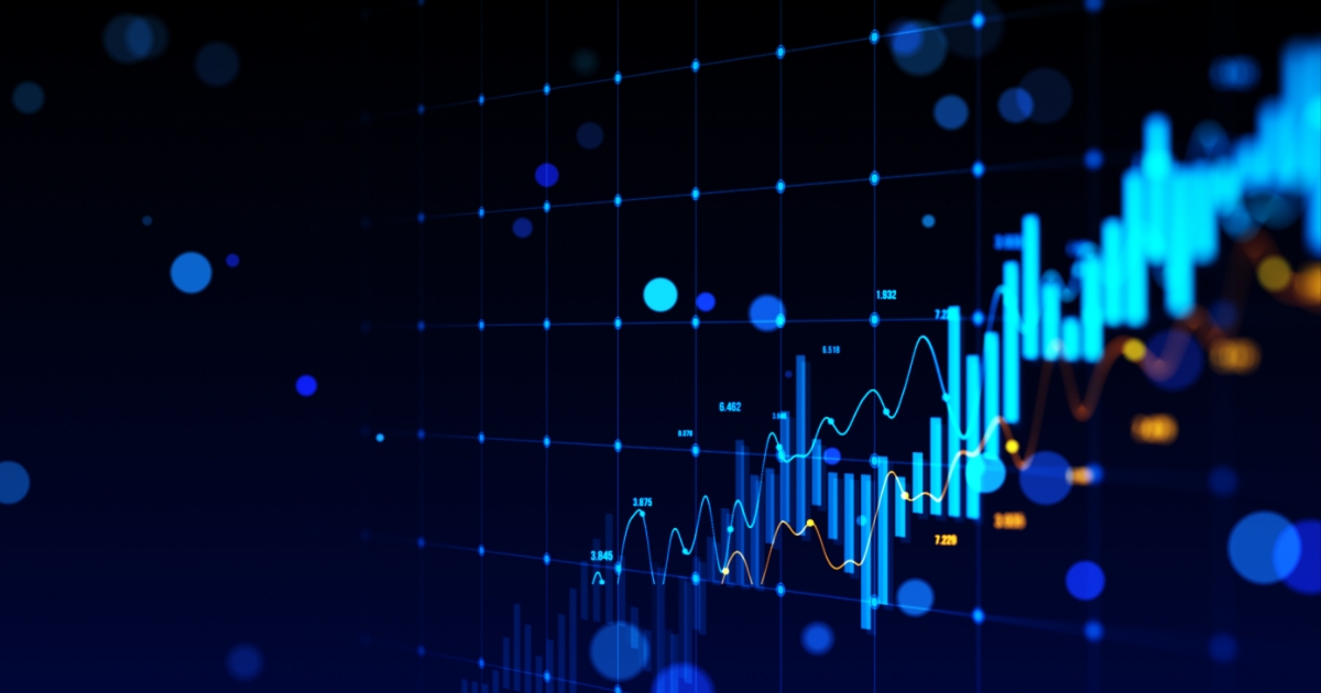 Rising blue bar and line charts on a dark background.