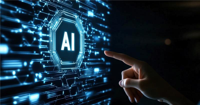 Finger pointing at a glowing AI emblem in a digital circuit wall, representing AI model assessment.