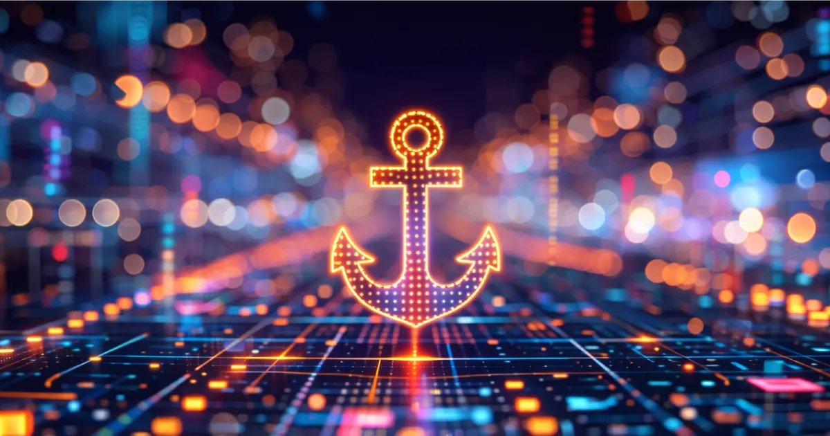 Glowing anchor shape rising from a digital grid of data points, representing AI operational architecture.