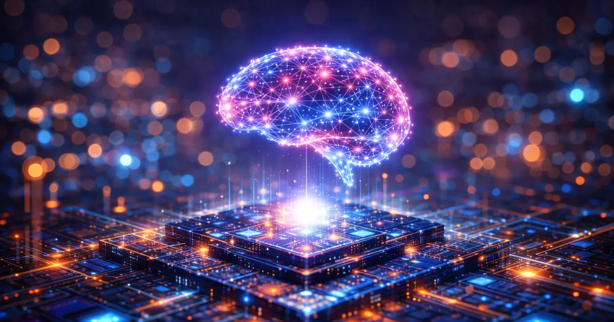 Glowing digital brain hovering over a circuit platform, representing AI solution architecture.