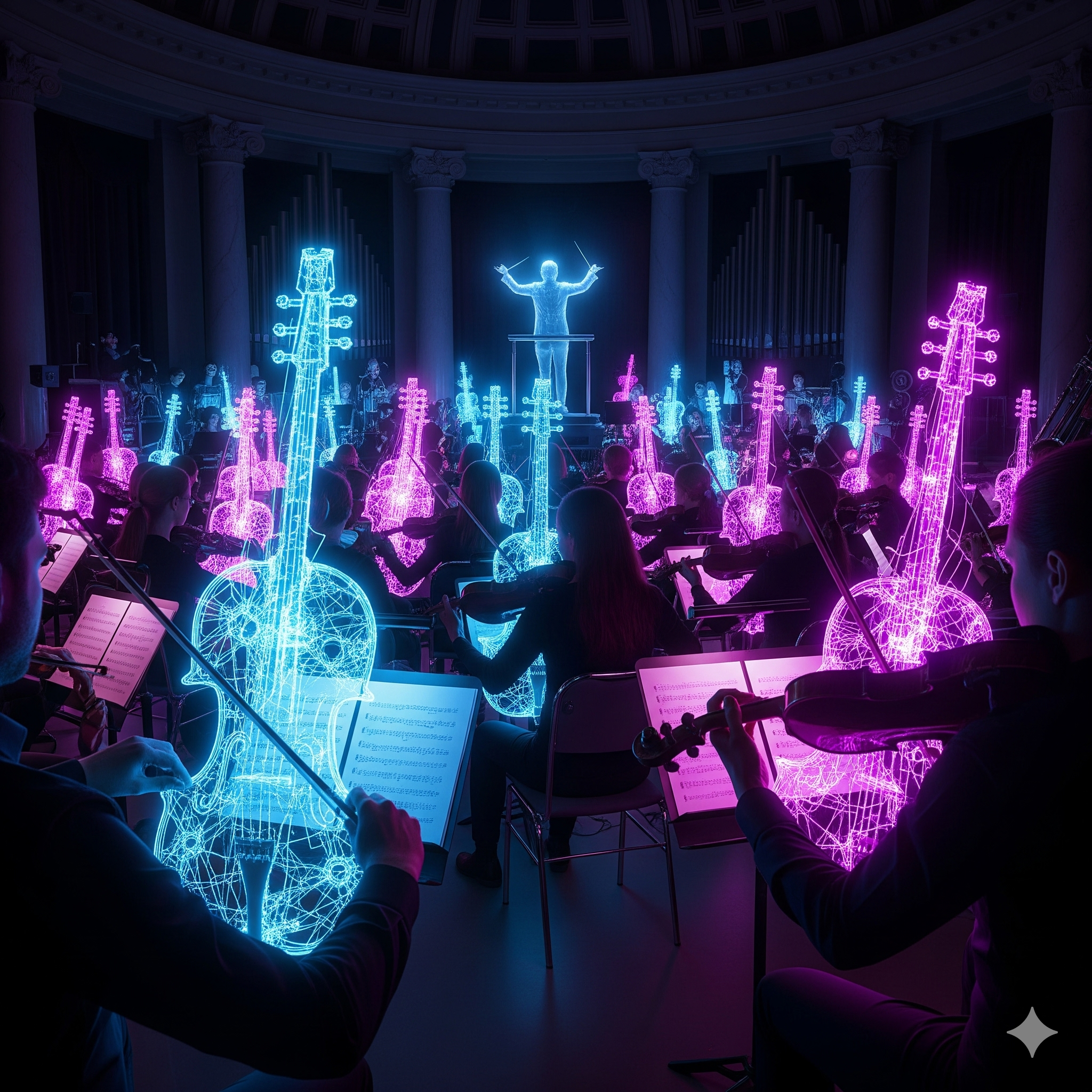 Orchestra of neon-glowing violins playing themselves in a dark concert hall, representing AI systems playing the right symphony together.