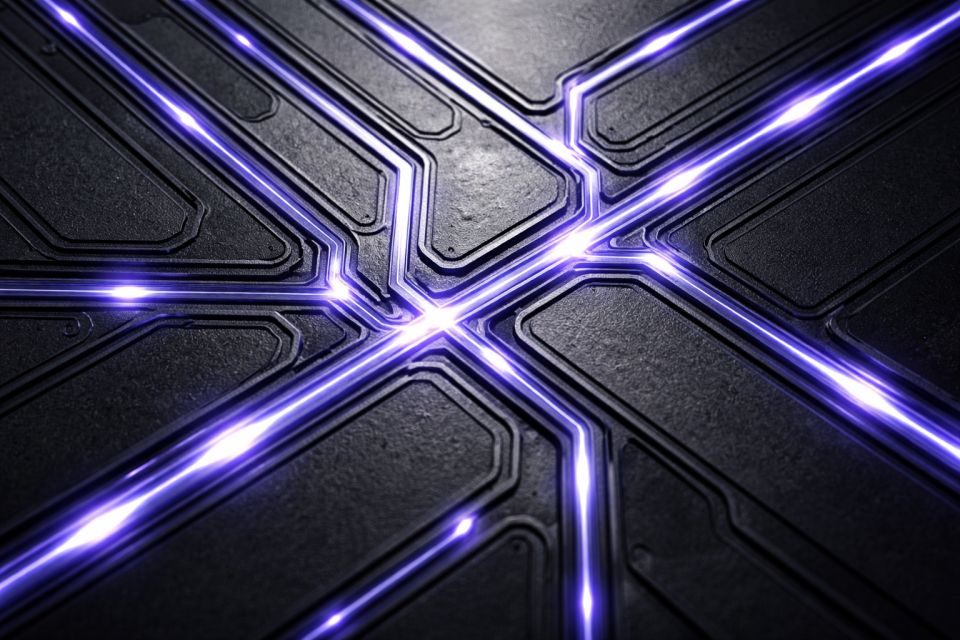 Purple beams of light crossing on a dark circuit surface, representing AI architecture.