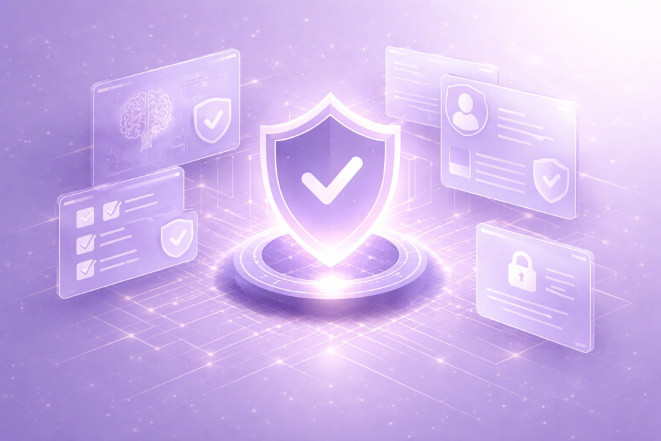 Purple shield with a checkmark surrounded by policy and security cards, representing AI compliance.