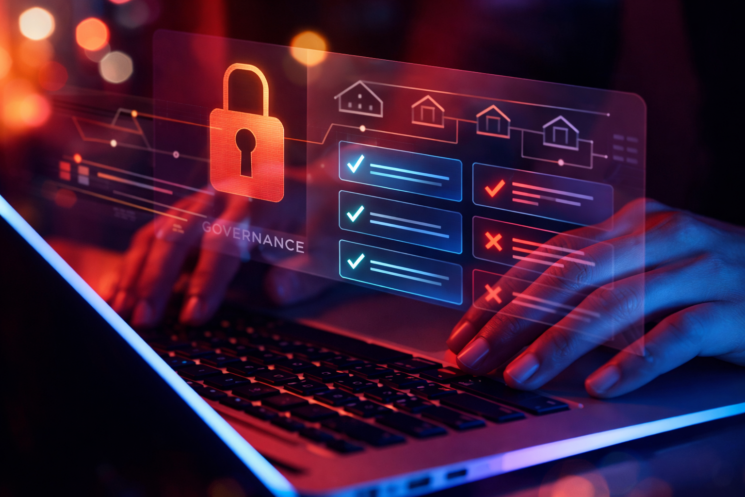Hands typing on a laptop with a padlock and policy checklist hologram, representing AI governance policy.