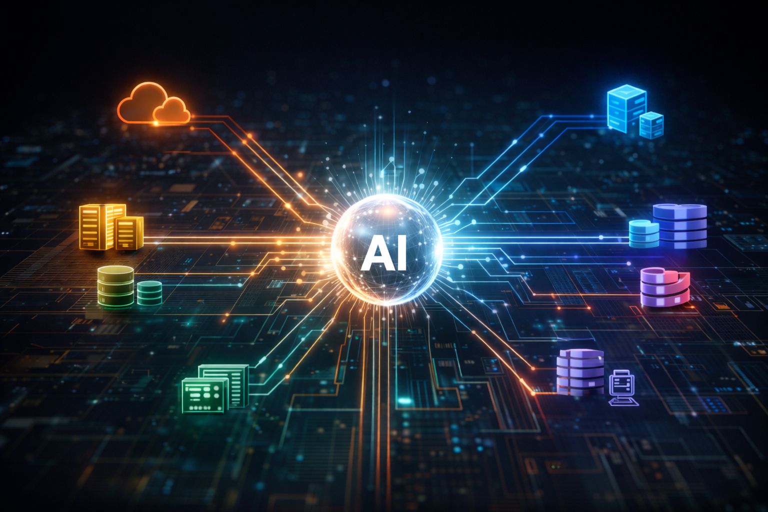 Central AI sphere connected by light beams to databases and cloud systems, representing AI integration platforms.
