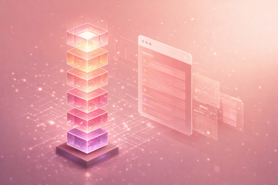 Stack of translucent blocks being assembled beside a browser window, representing the AI model lifecycle.