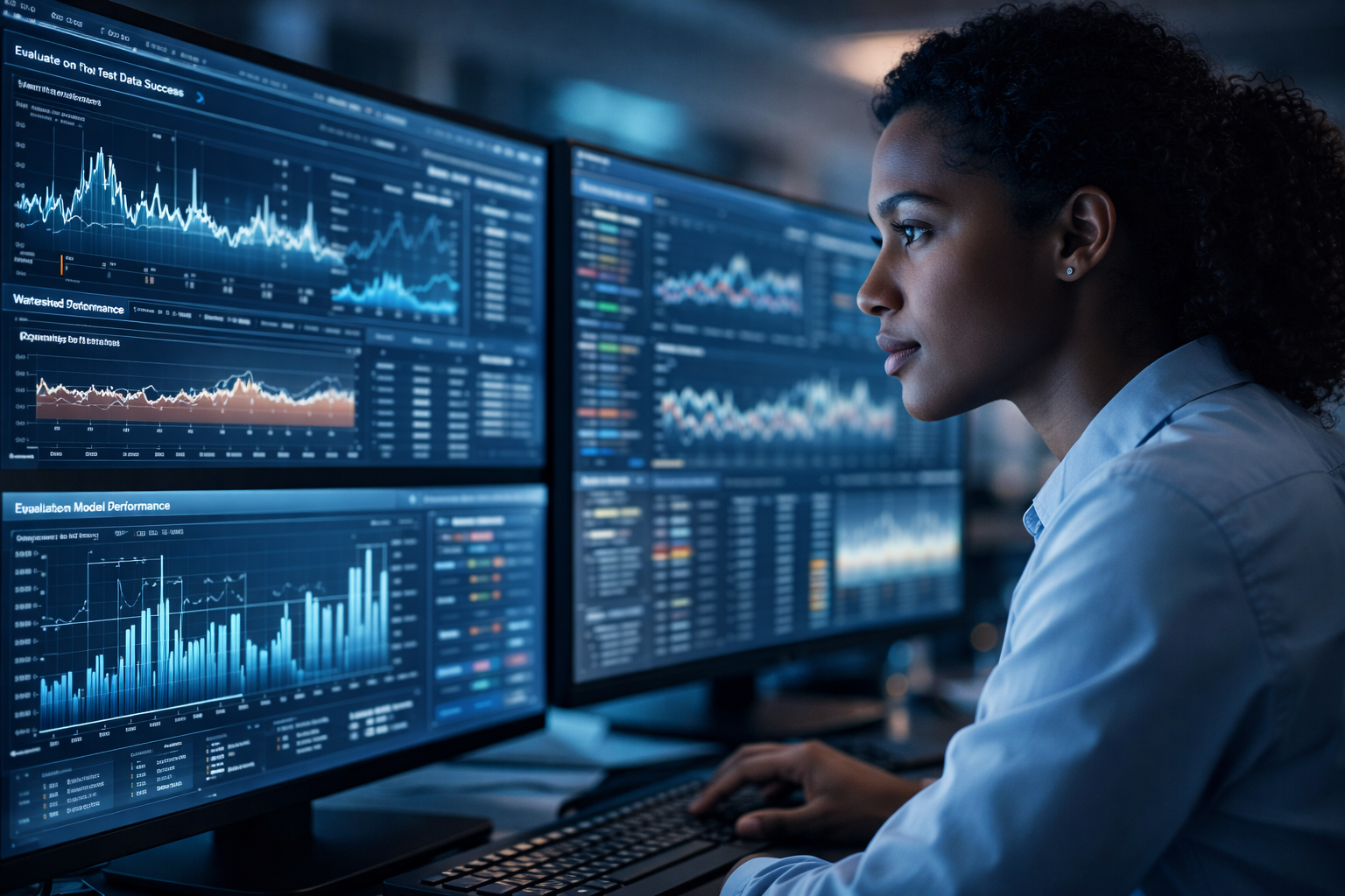 Analyst monitoring performance charts across dual monitors in a dark control room, representing AI model performance.