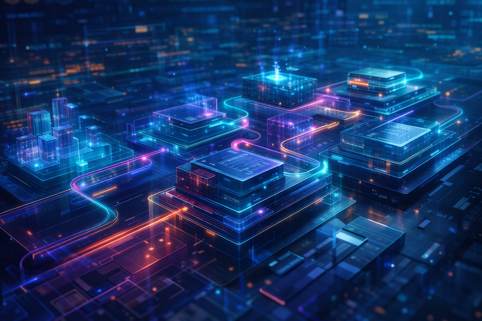 Isometric glowing blue digital blocks connected across a circuit landscape, representing an AI operating model.