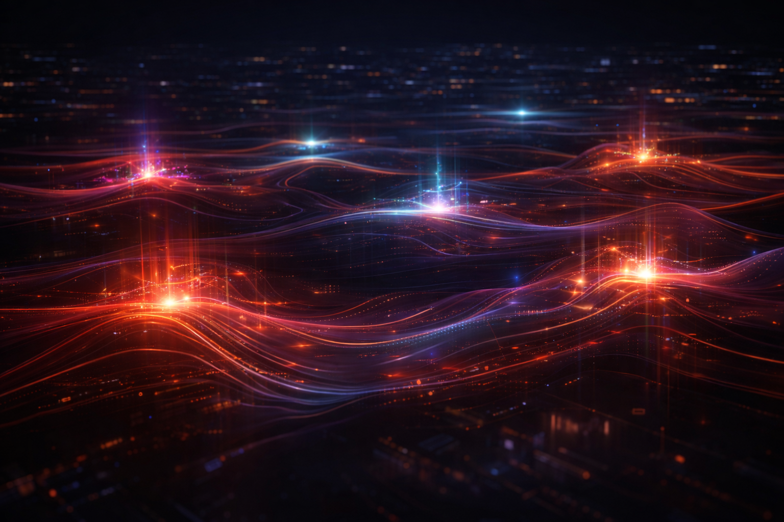 Waves of red and blue light flowing across a dark digital landscape, representing an AI orchestration platform.