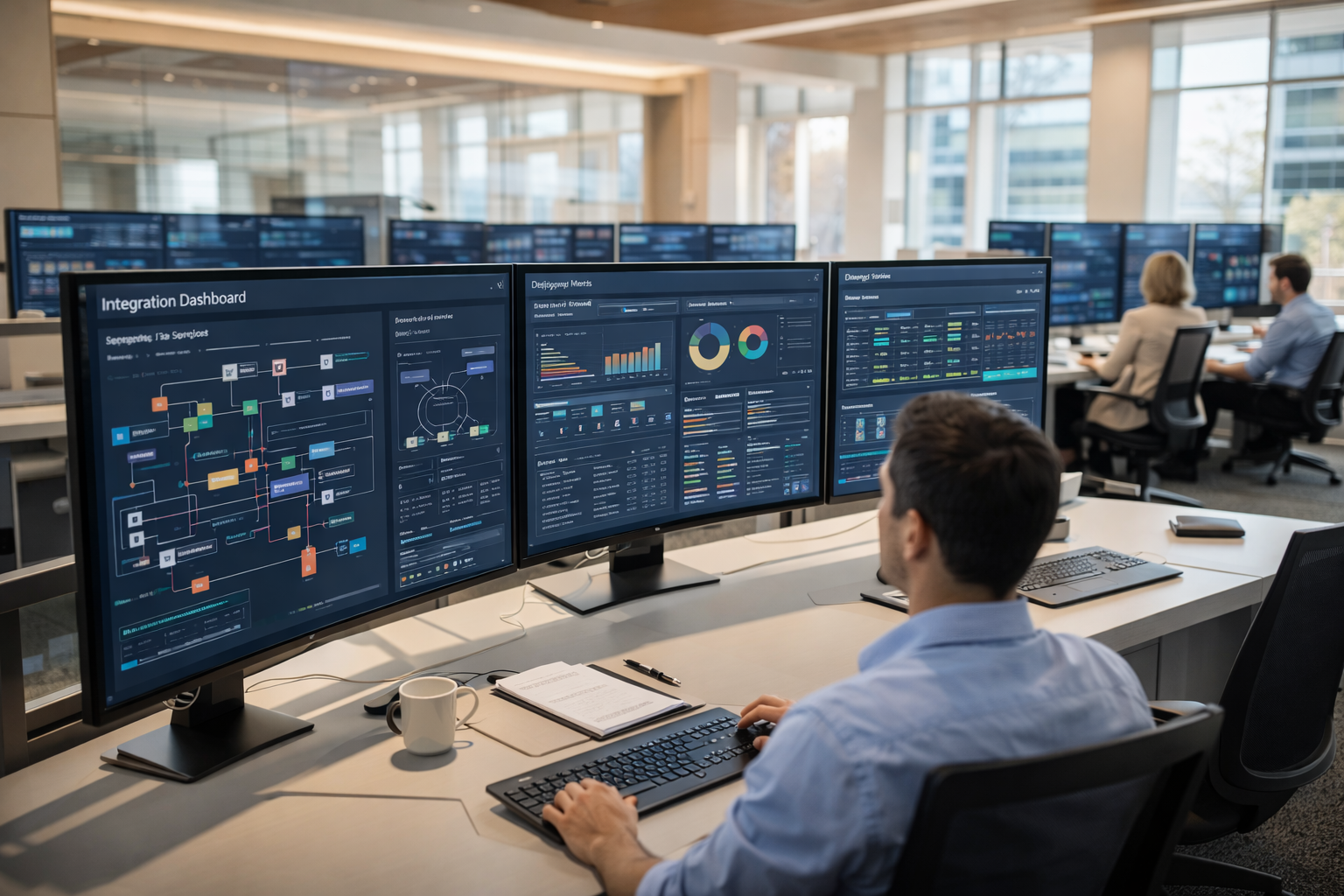 Engineer working across multiple monitors displaying integration dashboards, representing AI platform capabilities.