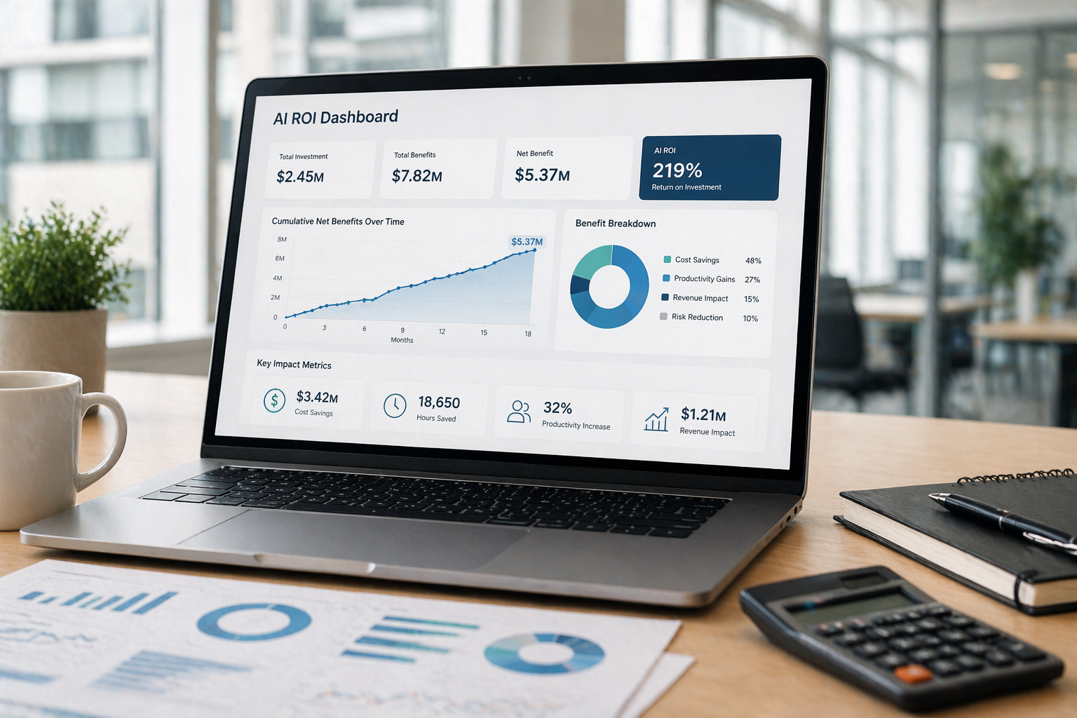 Laptop displaying an AI ROI dashboard with rising performance charts on an office desk.