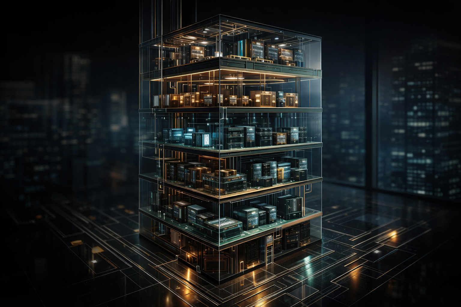 Transparent multi-story structure filled with glowing server modules, representing AI system architecture.