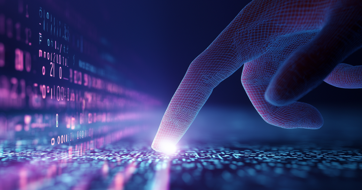 Fingertip touching a glowing stream of digital data, representing AI Dev Assist.
