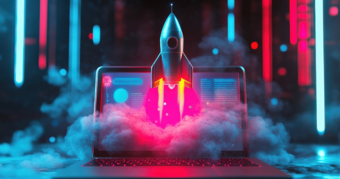 Neon rocket launching from a laptop screen amid clouds of smoke, representing digital accelerators.