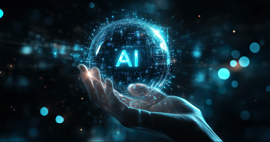 Hand holding a glowing AI sphere of circuits, representing artificial intelligence systems.