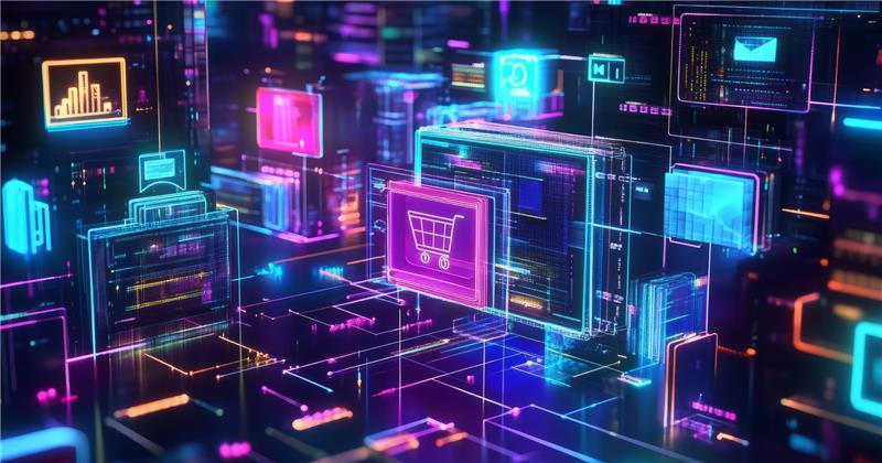 Neon storefront and shopping cart windows on a digital grid, representing BigCommerce ecommerce solutions.