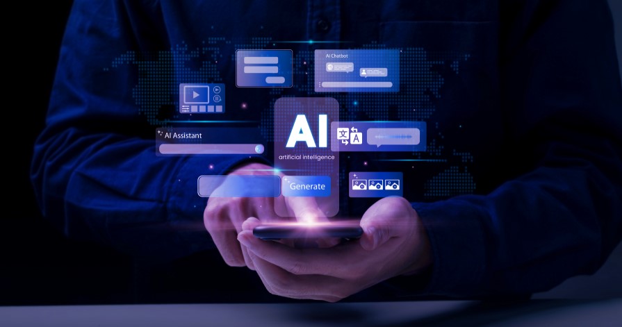 Hands holding a phone projecting AI chat and media icons, representing generative AI.