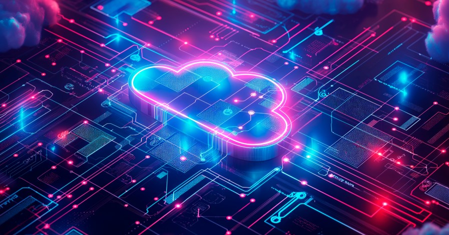 Neon cloud outline embedded in a glowing circuit board, representing cloud engineering.