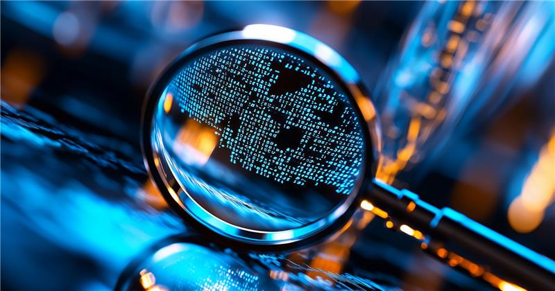 Magnifying glass revealing binary world map data on a circuit board, representing compliance support.