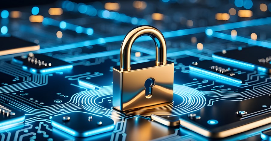 Golden padlock standing on a glowing circuit board, representing cybersecurity assessment services.