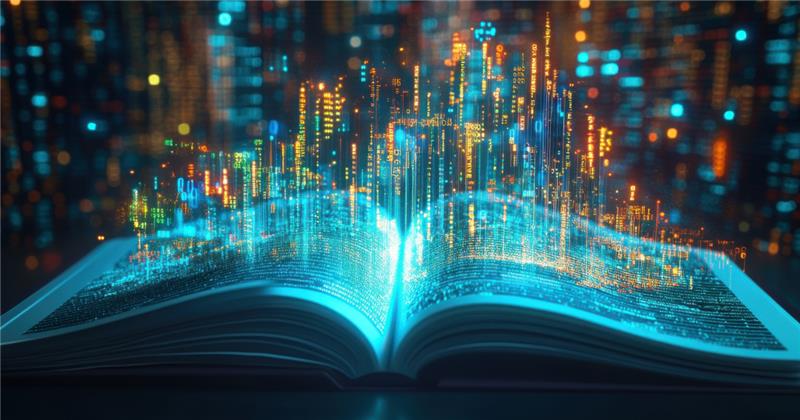 Open book projecting a glowing data city skyline, representing data analytics for higher education.