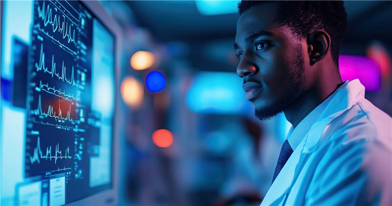Scientist in a lab coat studying data charts on monitors, representing data analytics.