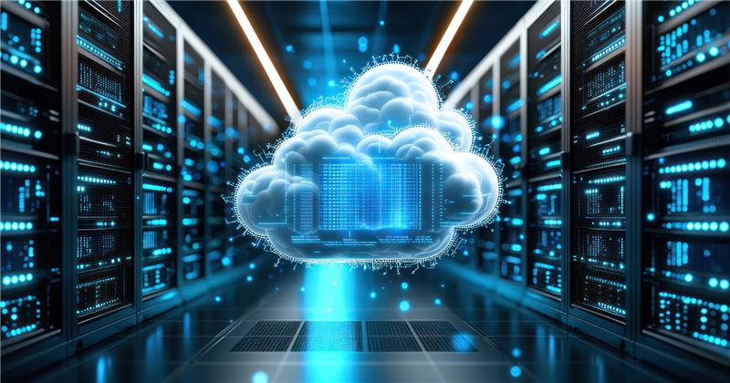 Glowing cloud connected to server racks in a data center aisle, representing data center services.