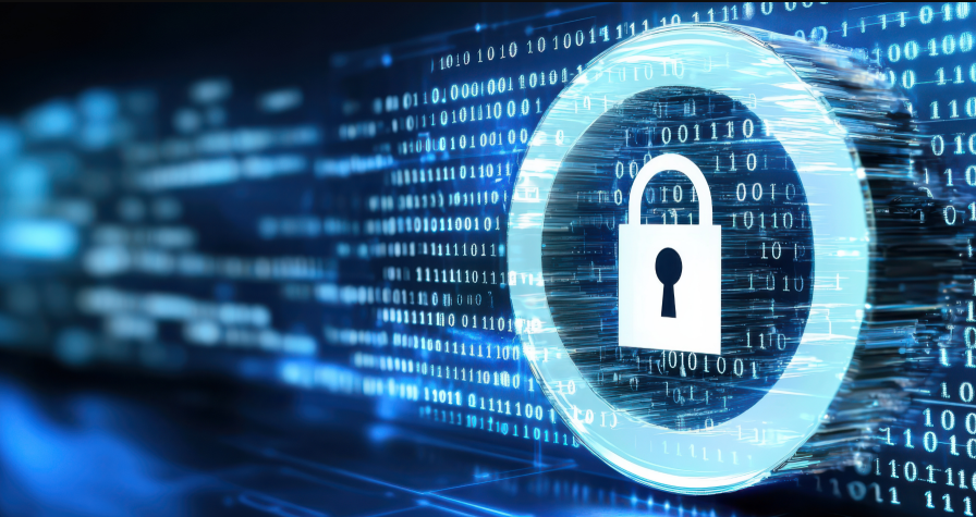 Padlock inside a glowing ring over streams of binary data, representing data protection frameworks.