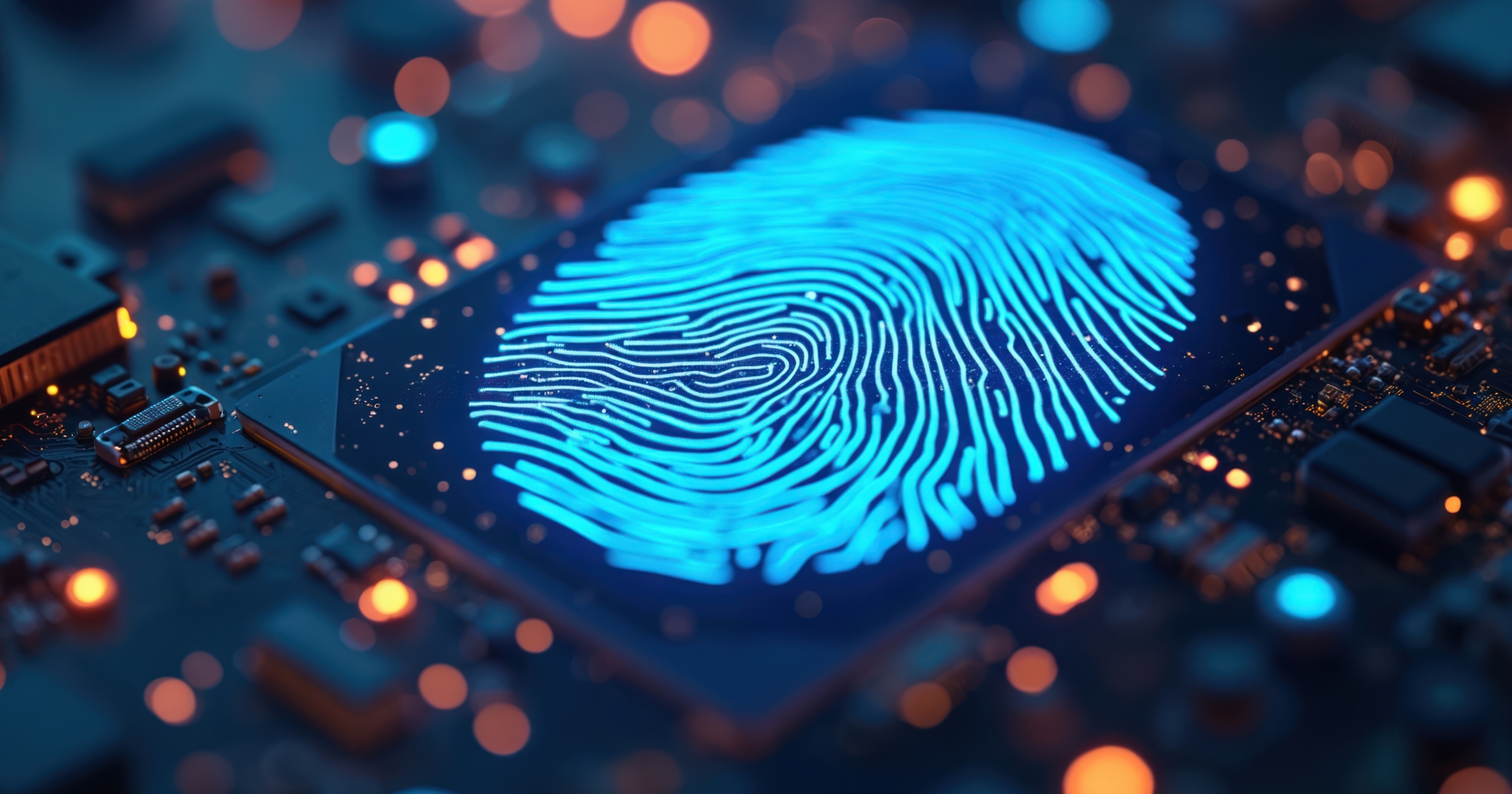 Glowing blue fingerprint on a circuit board, representing data privacy.