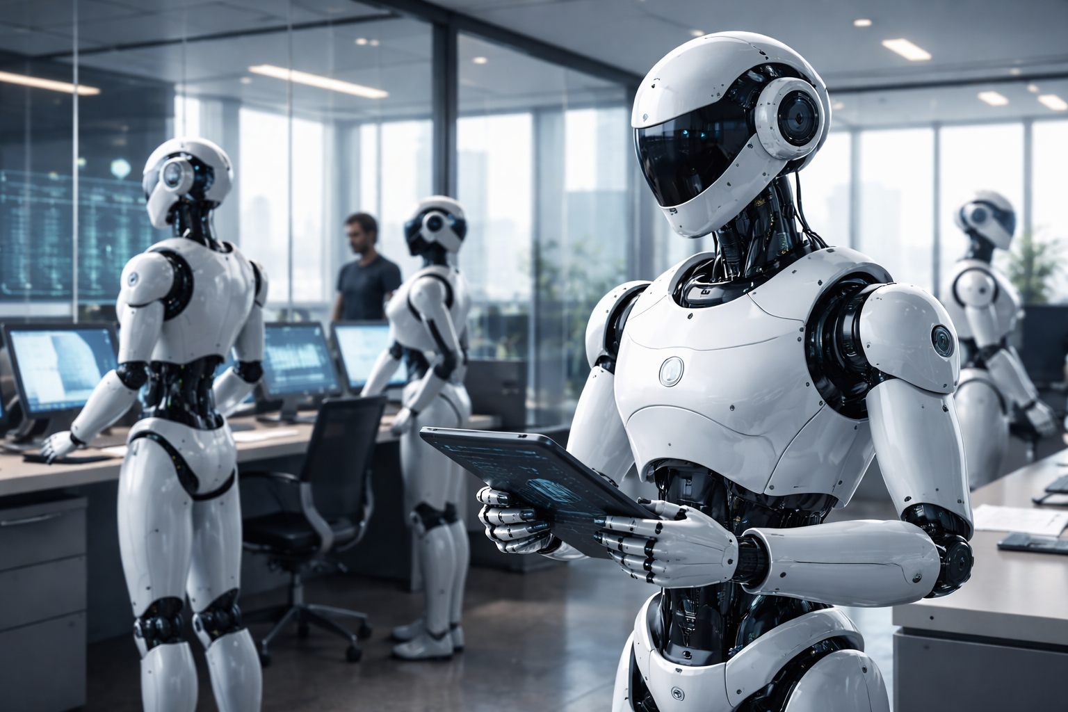 White humanoid robots collaborating in a modern office, representing enterprise AI agents.