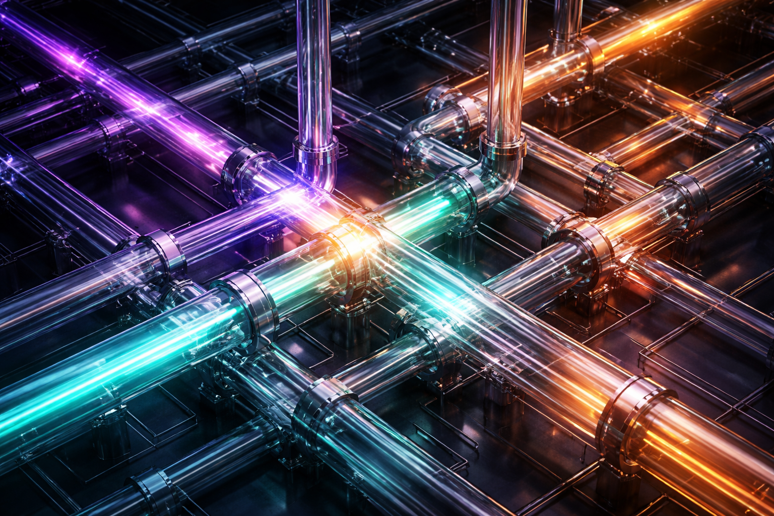 Colorful transparent pipes intersecting and exchanging light, representing an enterprise AI integration layer.