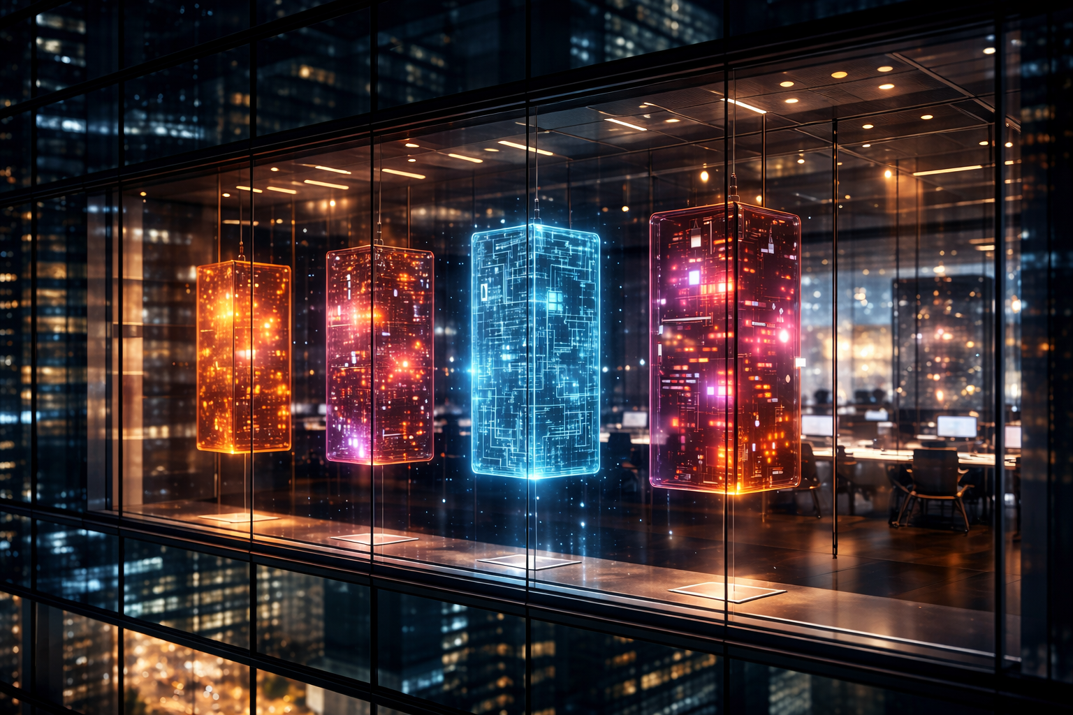 Glowing holographic data pillars inside a modern glass office overlooking a city skyline at night, representing real-time enterprise AI monitoring.