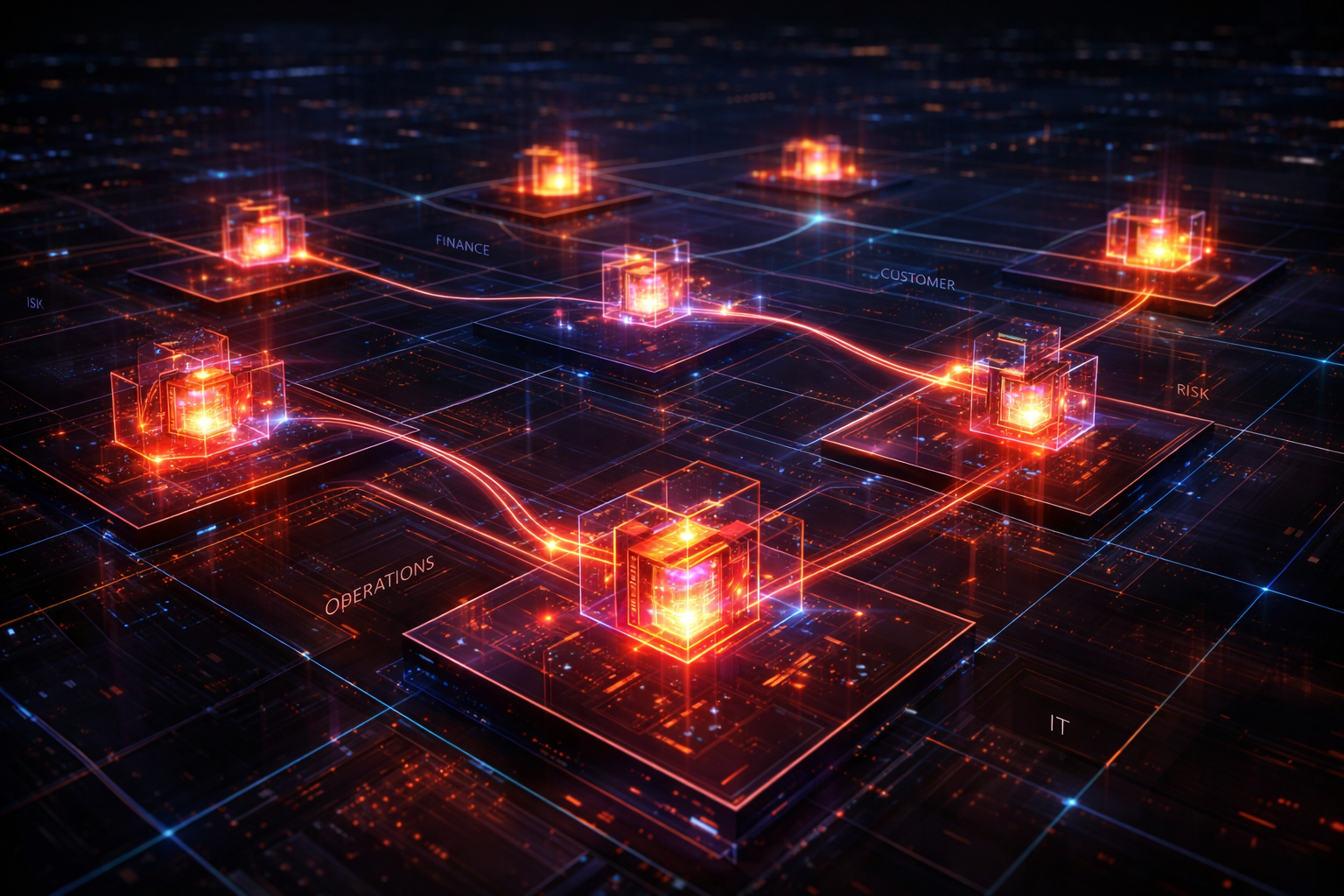 Network of glowing red cubes linked across a dark circuit grid, representing an enterprise agentic AI platform.