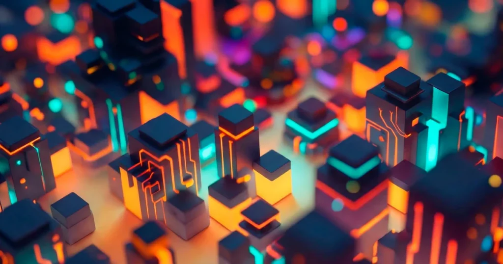 Colorful isometric 3D city of glowing blocks, cover art for the Enterprise AI Manual.