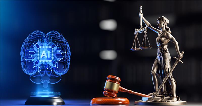 Digital AI brain beside a gavel and scales of justice, representing ethical AI by design.