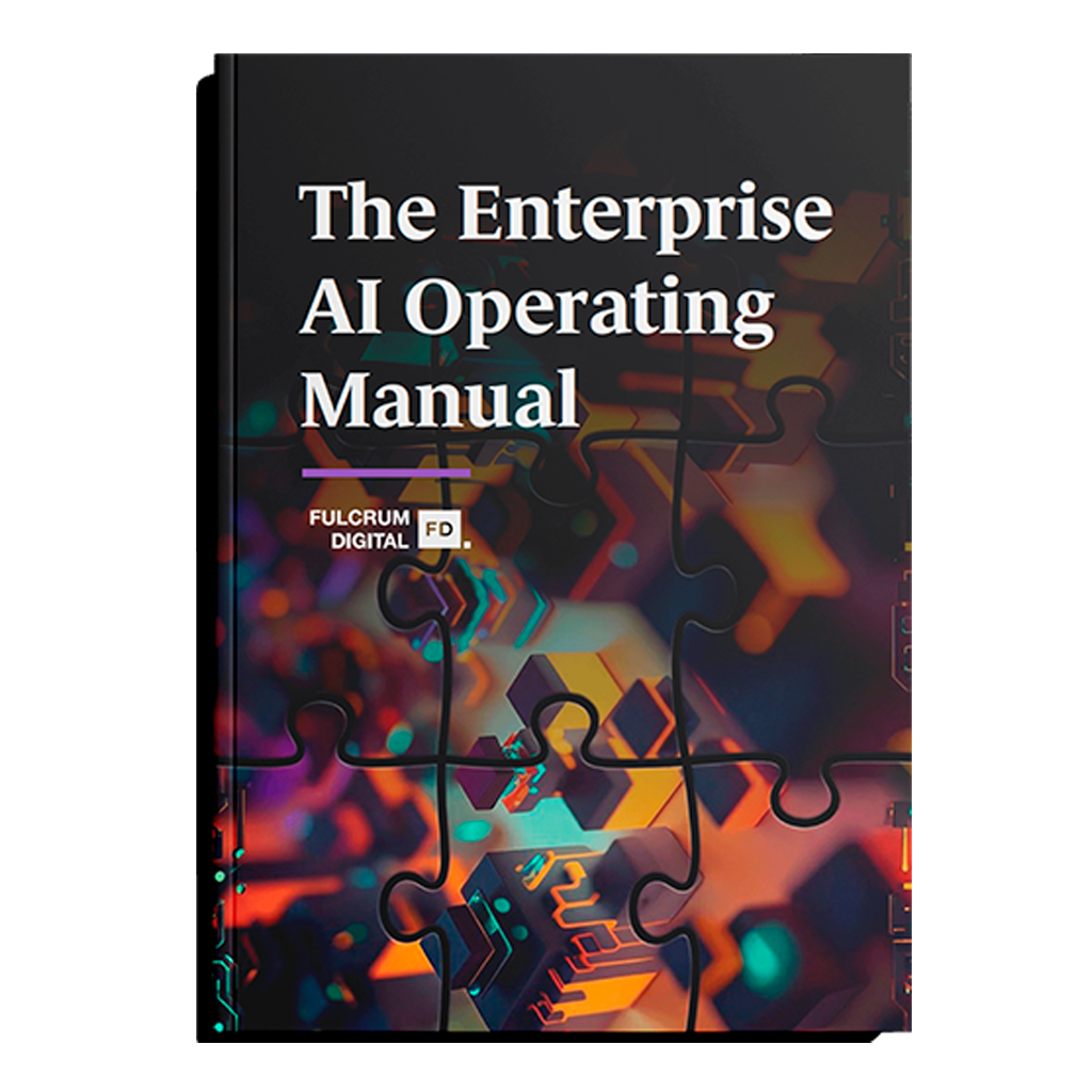 Cover of the book “The Enterprise AI Operating Manual” with a dark abstract puzzle-piece design and Fulcrum Digital branding.