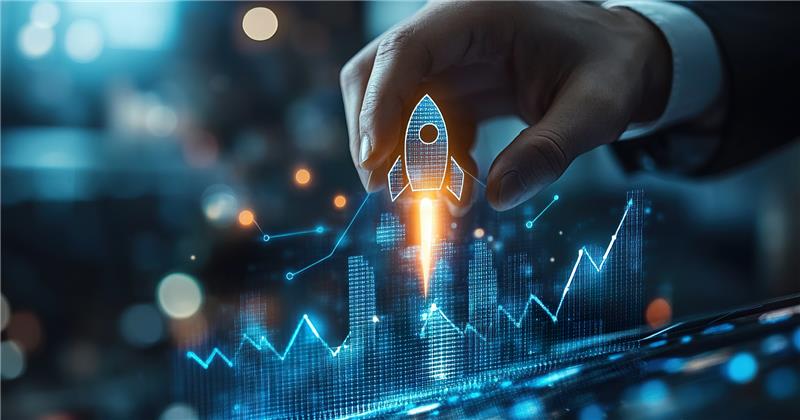 Hand guiding a glowing rocket rising over financial growth charts, representing financial services consulting.