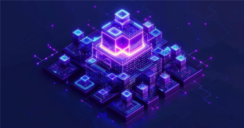 Isometric purple cluster of connected blocks around a central cube, representing microservices architecture.