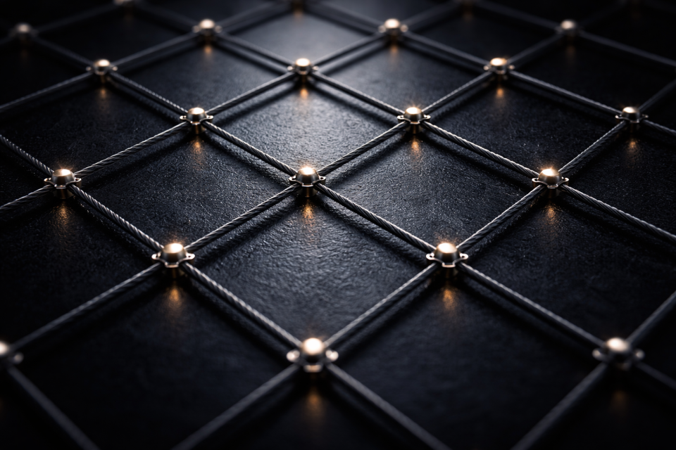 Dark lattice of interconnected nodes glowing at the intersections, representing global payment networks.