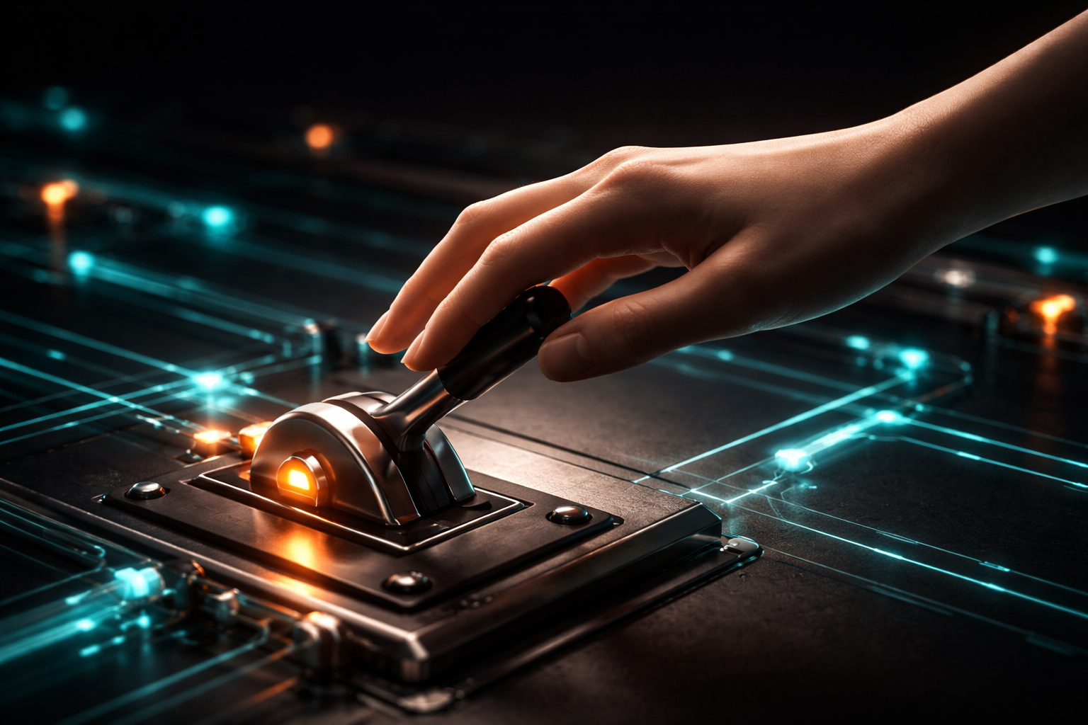 Hand resting on a physical control switch on a glowing circuit surface, representing human-in-the-loop AI.