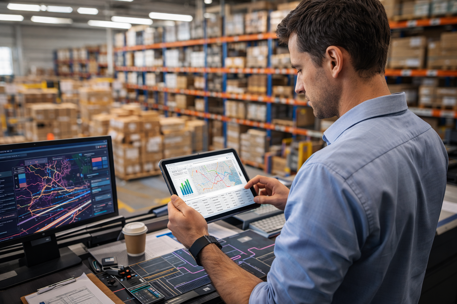 Warehouse worker checking AI-powered logistics dashboards on a tablet among stacked shelves, representing industry AI applications.