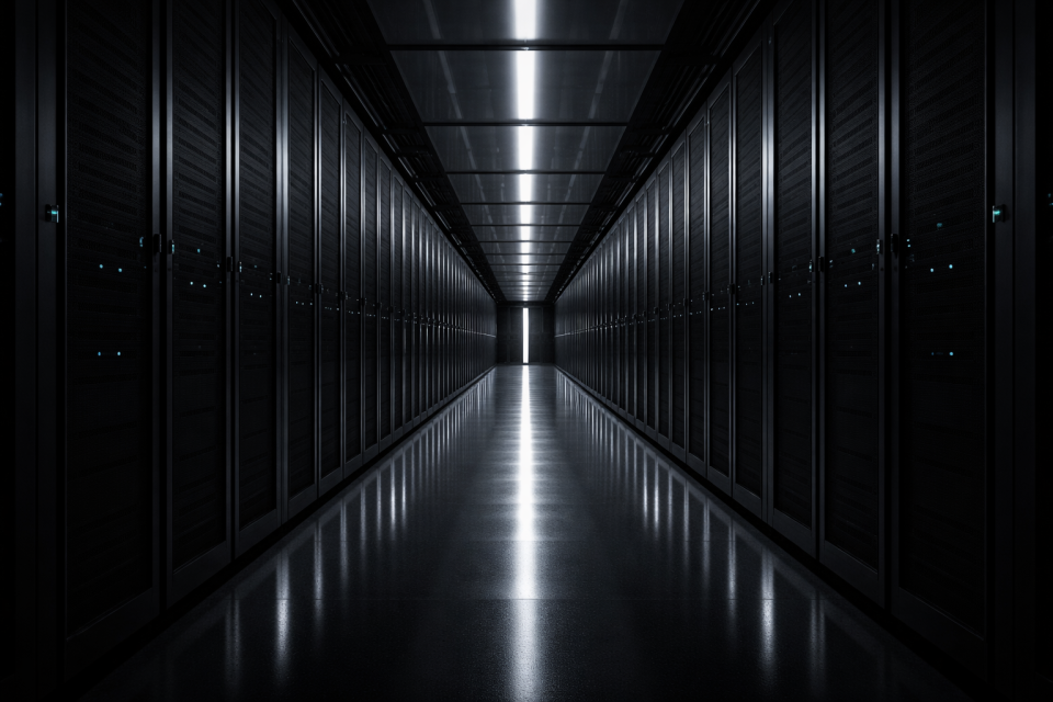 Dark server room corridor with rows of enclosed racks, representing infrastructure systems.