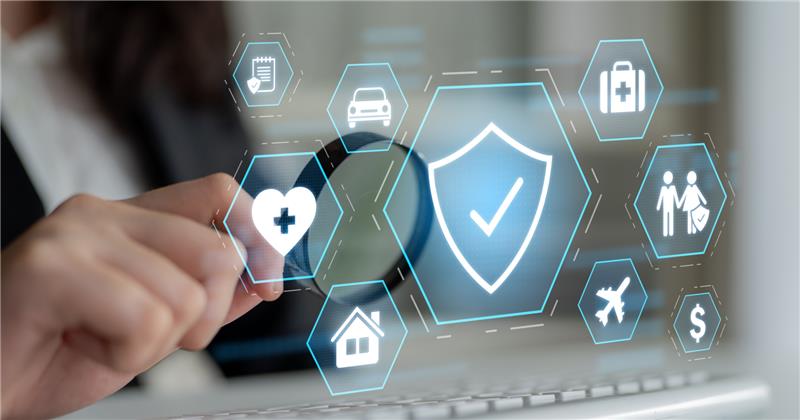 Hand touching a digital shield checkmark surrounded by insurance icons for home, auto, travel, health, and family, representing insurance claims management services.