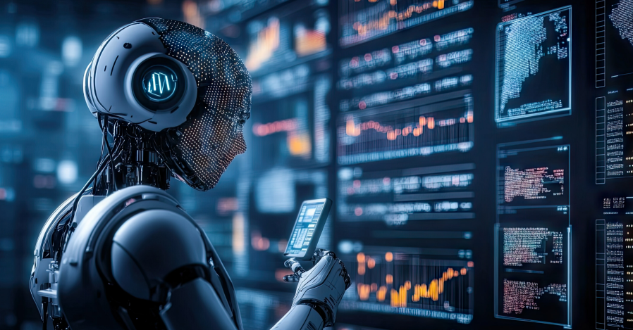 Humanoid robot reviewing inventory dashboards on a wall of screens, representing an inventory optimization agent.
