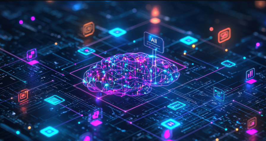 Digital brain connected to a grid of AI agent icons, representing micro-agent architecture.