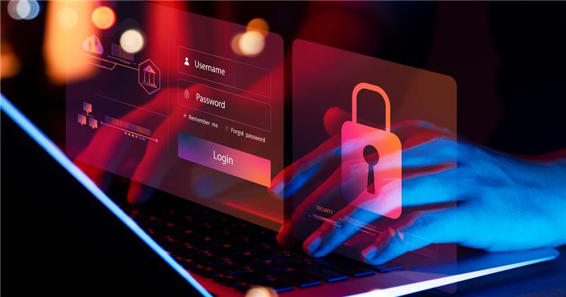 Holographic login screen with a padlock above a laptop keyboard, representing privacy-first architecture.