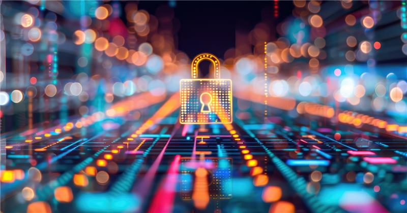 Golden padlock hologram standing on a bokeh-lit digital grid, representing privacy and data sovereignty.